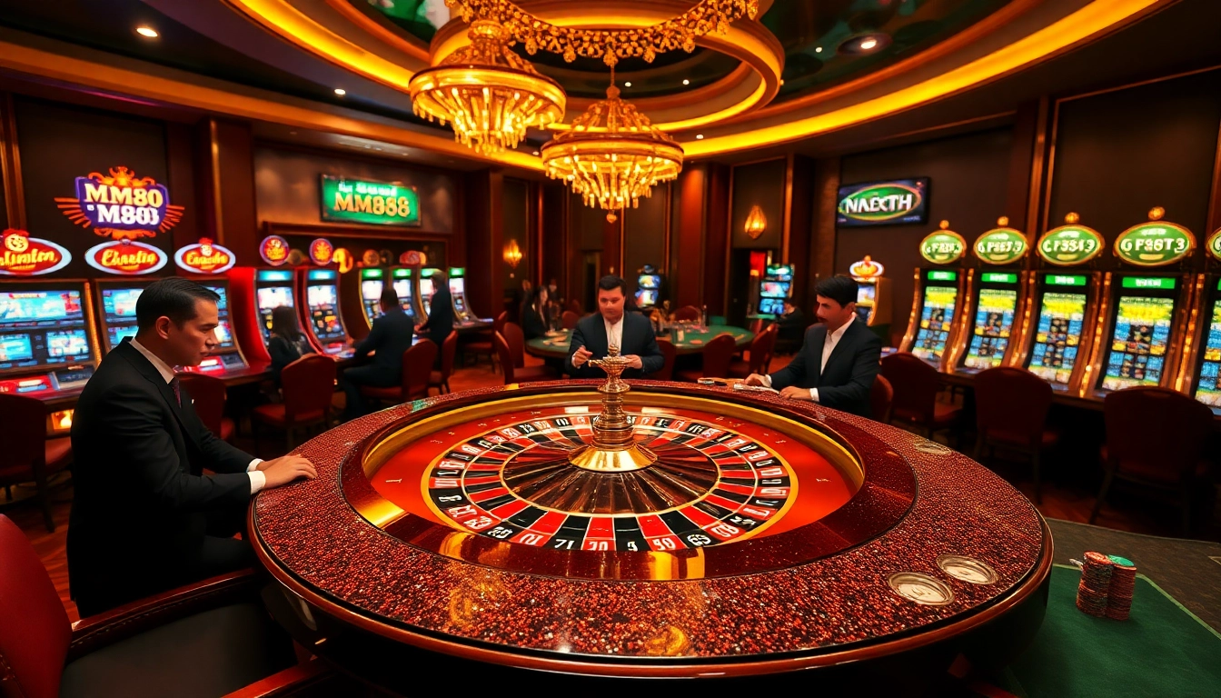 Experience the excitement of MM88 at a luxurious casino with engaging roulette and slot machines.