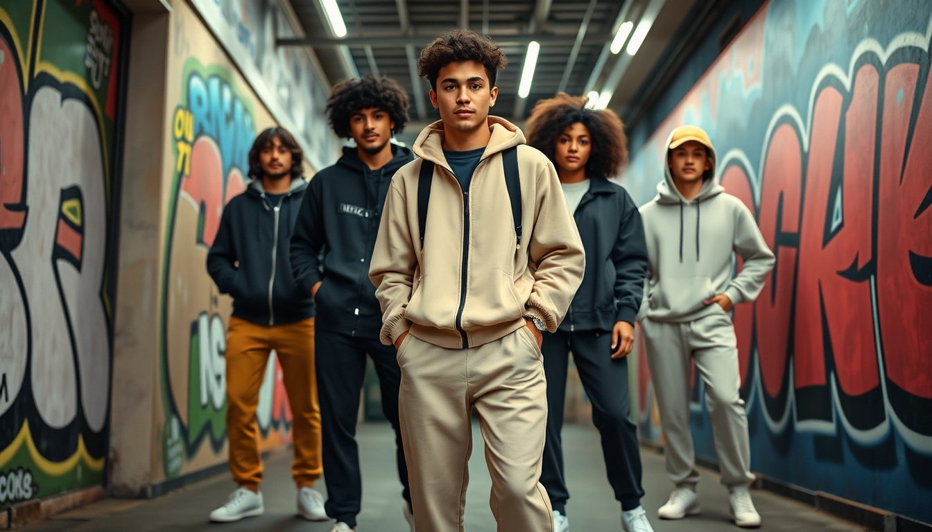 Stylish Essentials Tracksuit showcased in an urban setting, perfect for streetwear fans.