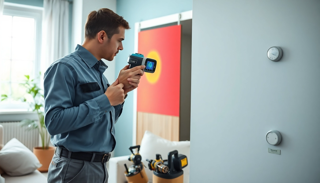 Leak detection technician using thermal imaging to identify hidden water leaks in a domestic setting.