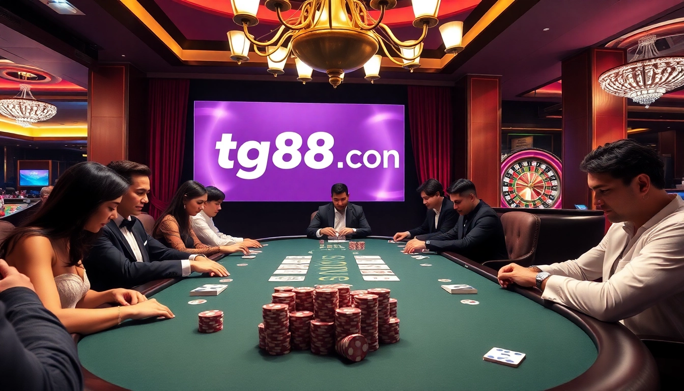 Engaged players at the tg88..com poker table showcasing excitement and strategy in a luxurious casino environment.