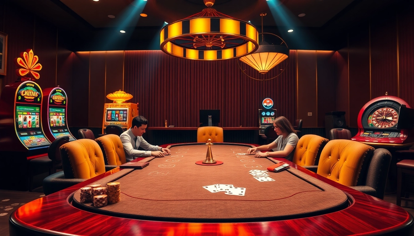 Experience the excitement at CM88 with a vibrant casino scene showcasing poker games and slot machines.