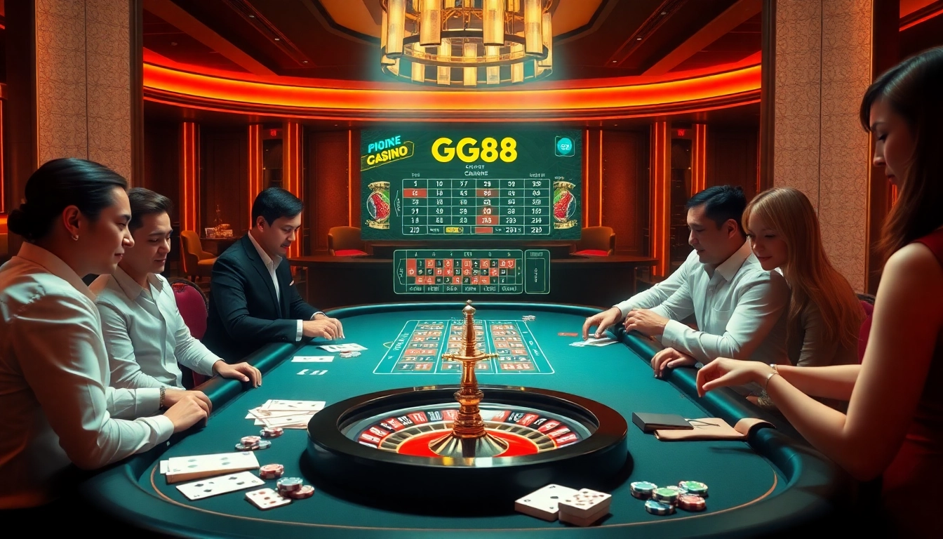 Players enjoying an exciting game at GG88 casino table with vibrant colors and professional setup.