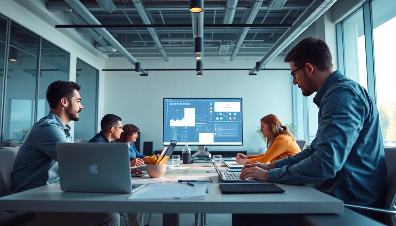 Showcasing website development services with a collaborative team in a modern office setting.