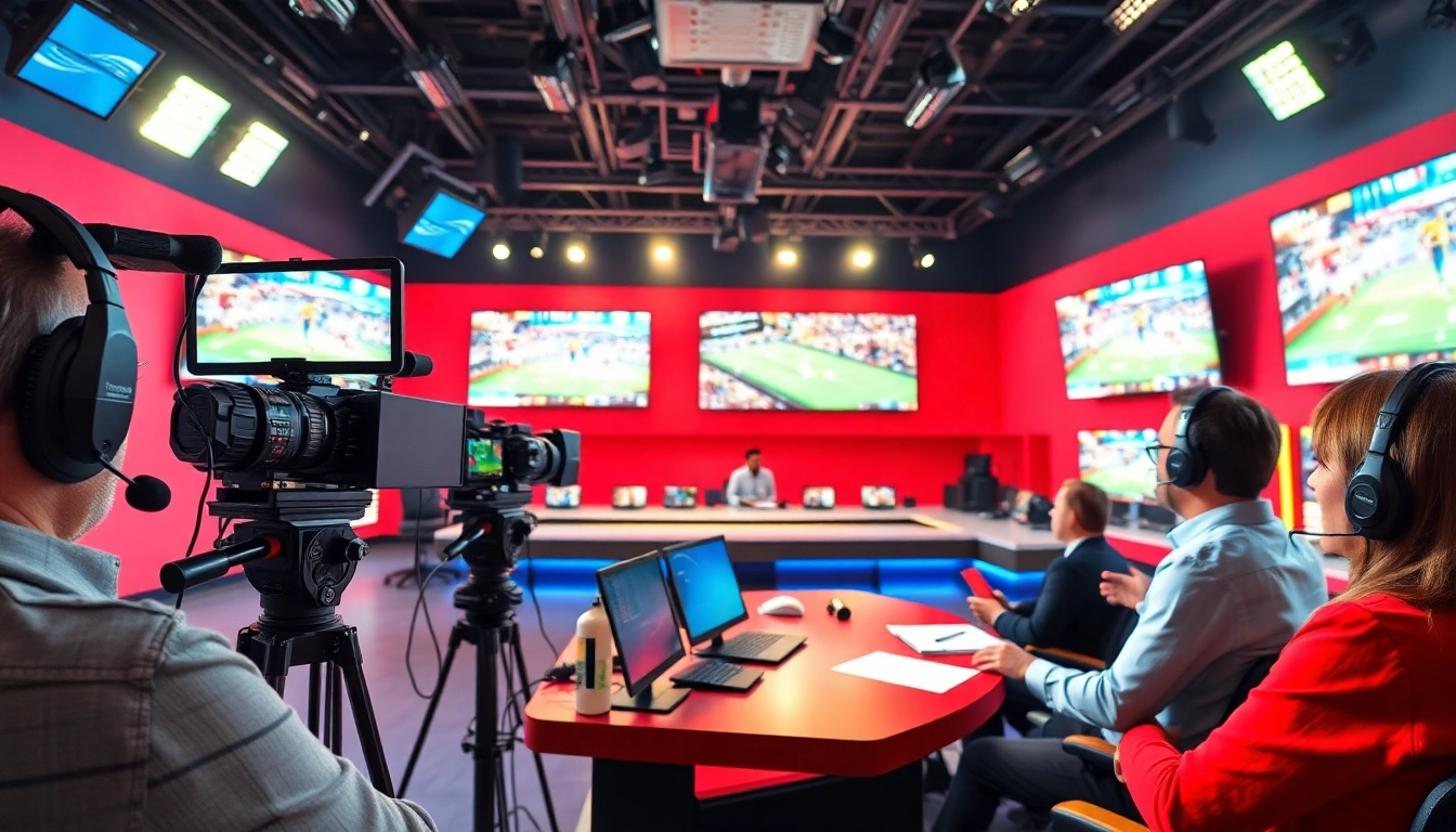 Sports Broadcasting studio with dynamic equipment and engaged commentators discussing live games.