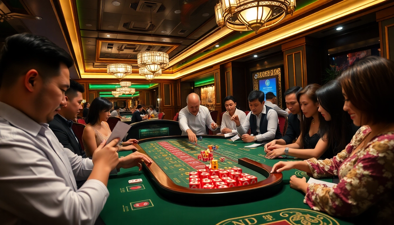 Players engaged in a thrilling game at a tài xỉu md5 table in a vibrant casino atmosphere.