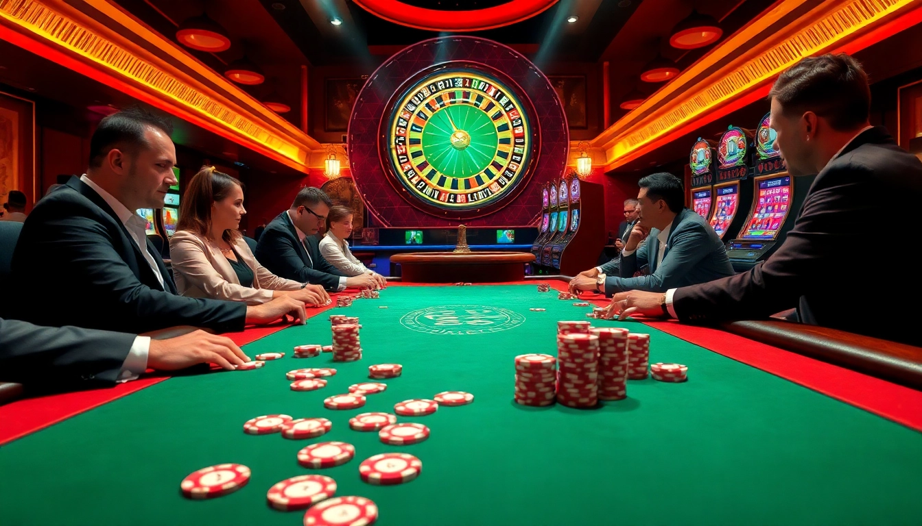 LUCK8 casino scene showcasing thrilling poker tables, roulette wheels, and vibrant slot machines.