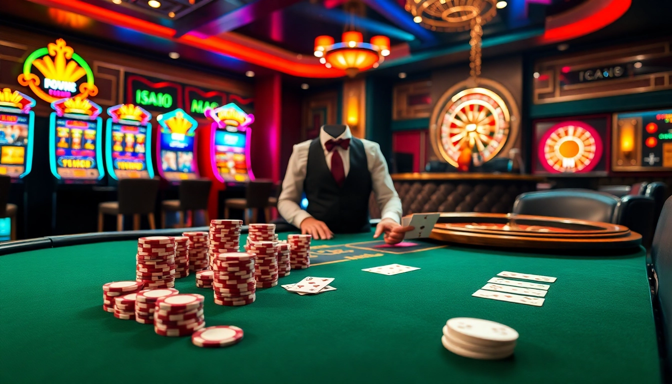 Kuwin casino scene featuring an engaging poker table and vibrant slot machines, capturing the excitement of online gambling.