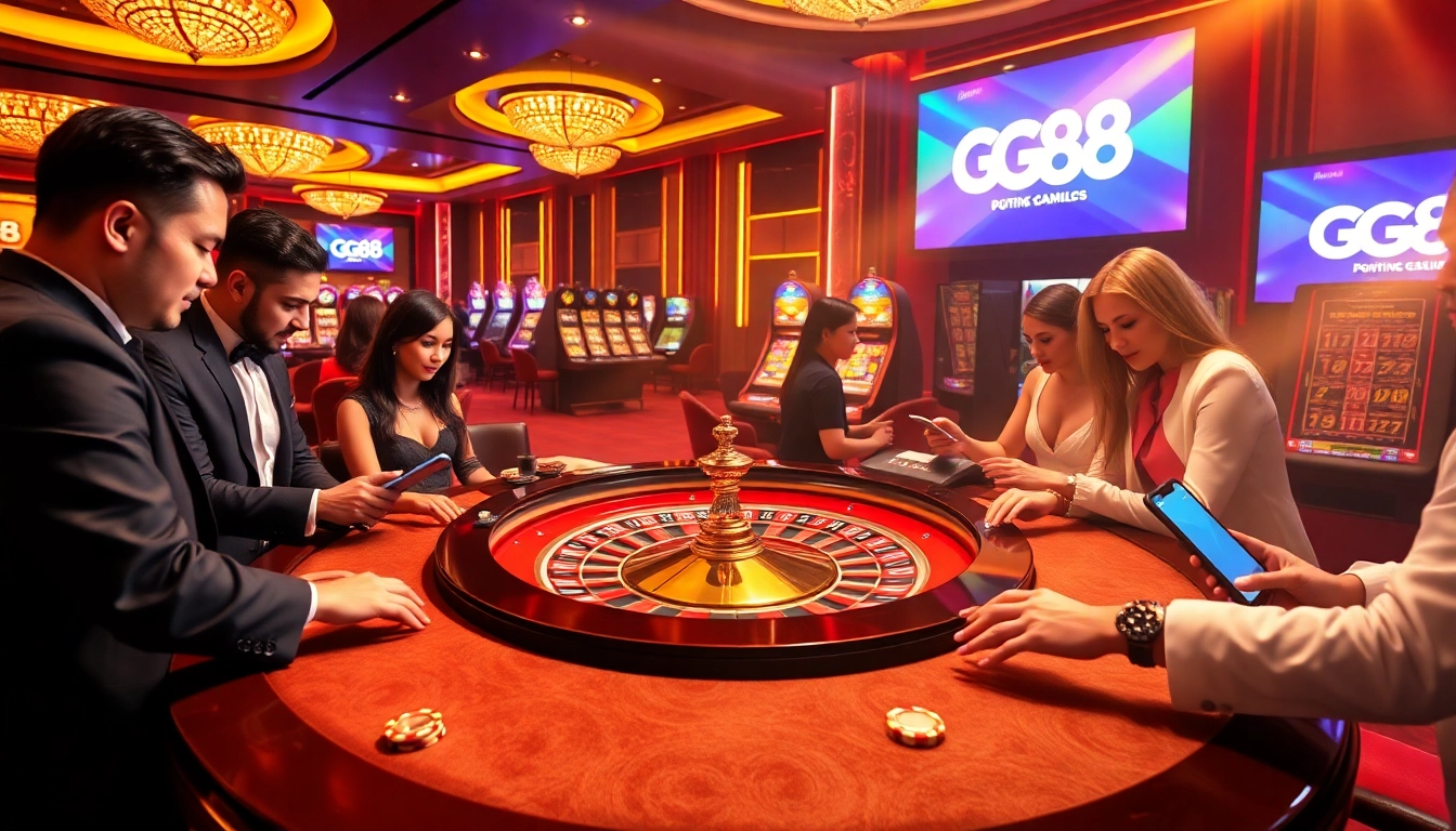 A thrilling scene of online gambling at https://gg88.biz/ featuring a roulette table, poker chips, and slot machines in a luxurious casino setting.