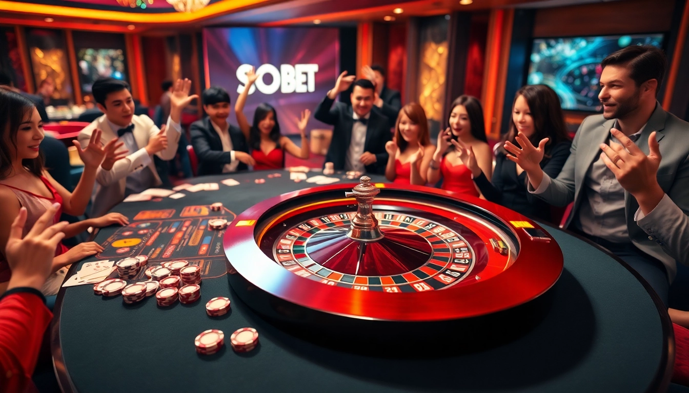 Players enjoying a high-stakes game at SOIBET, featuring vibrant casino tables and cards.
