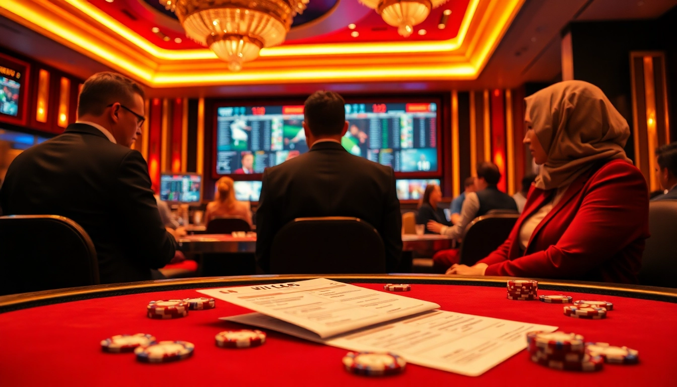 Kèo nhà cái betting slip on a luxury casino table with focused gamblers and displays.