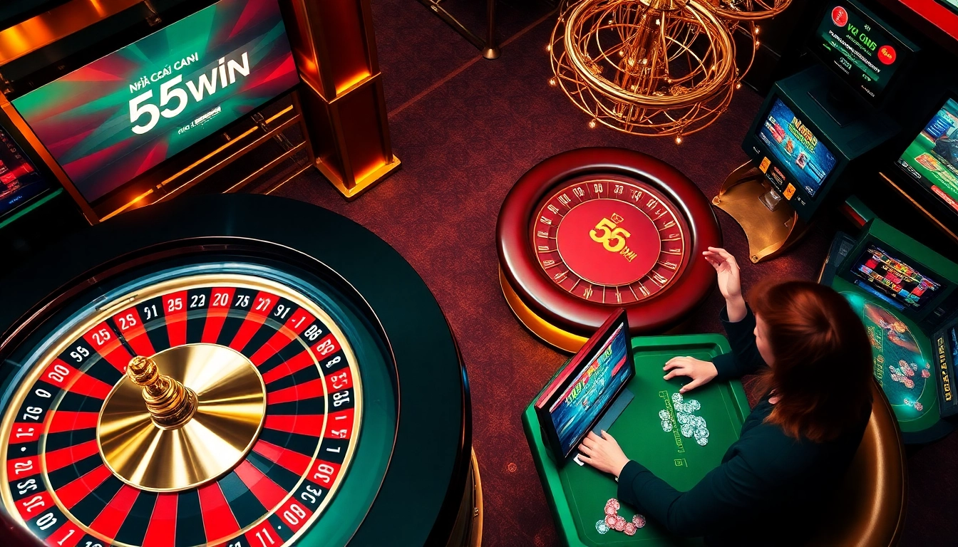 Engage with Nhà Cái 56WIN at a bustling online casino table featuring vibrant roulette and poker action.