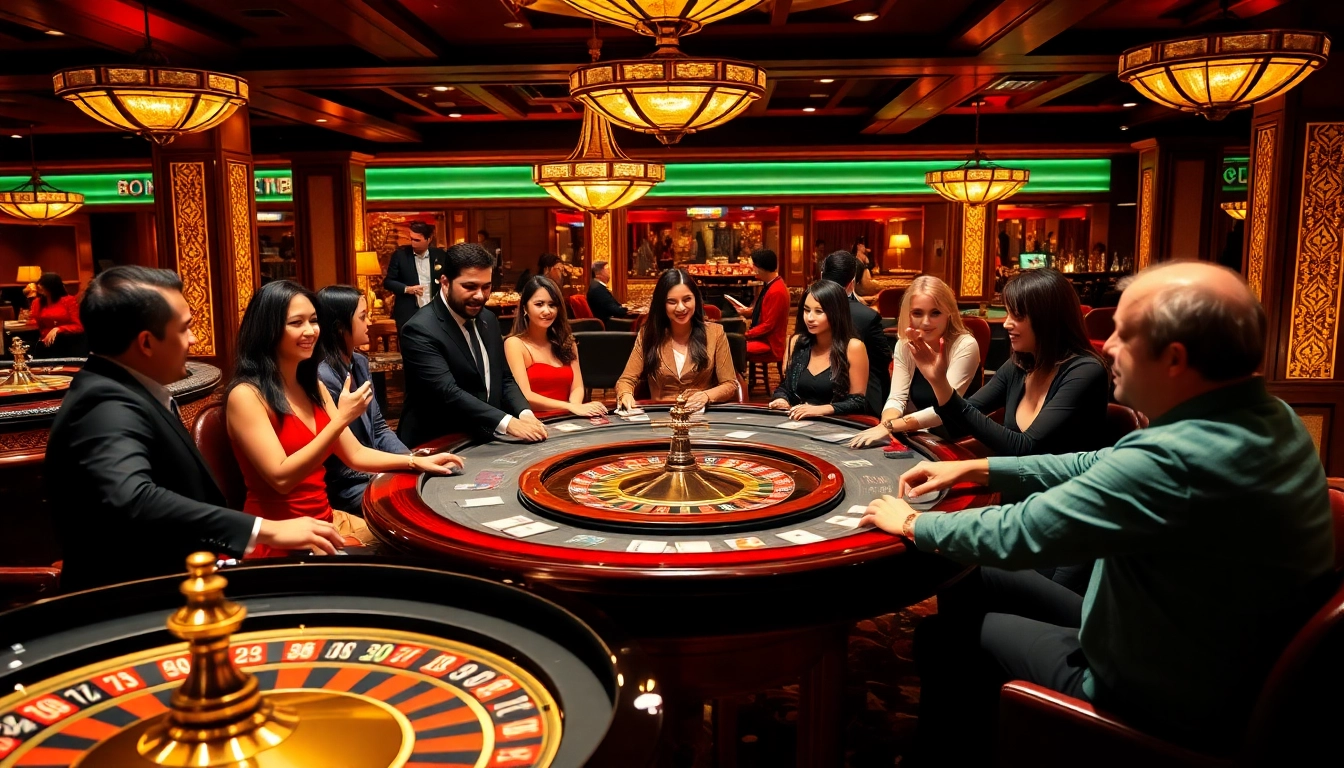 Experience the thrilling ambiance of NK88 Com casino with excited players at a bustling gaming table.