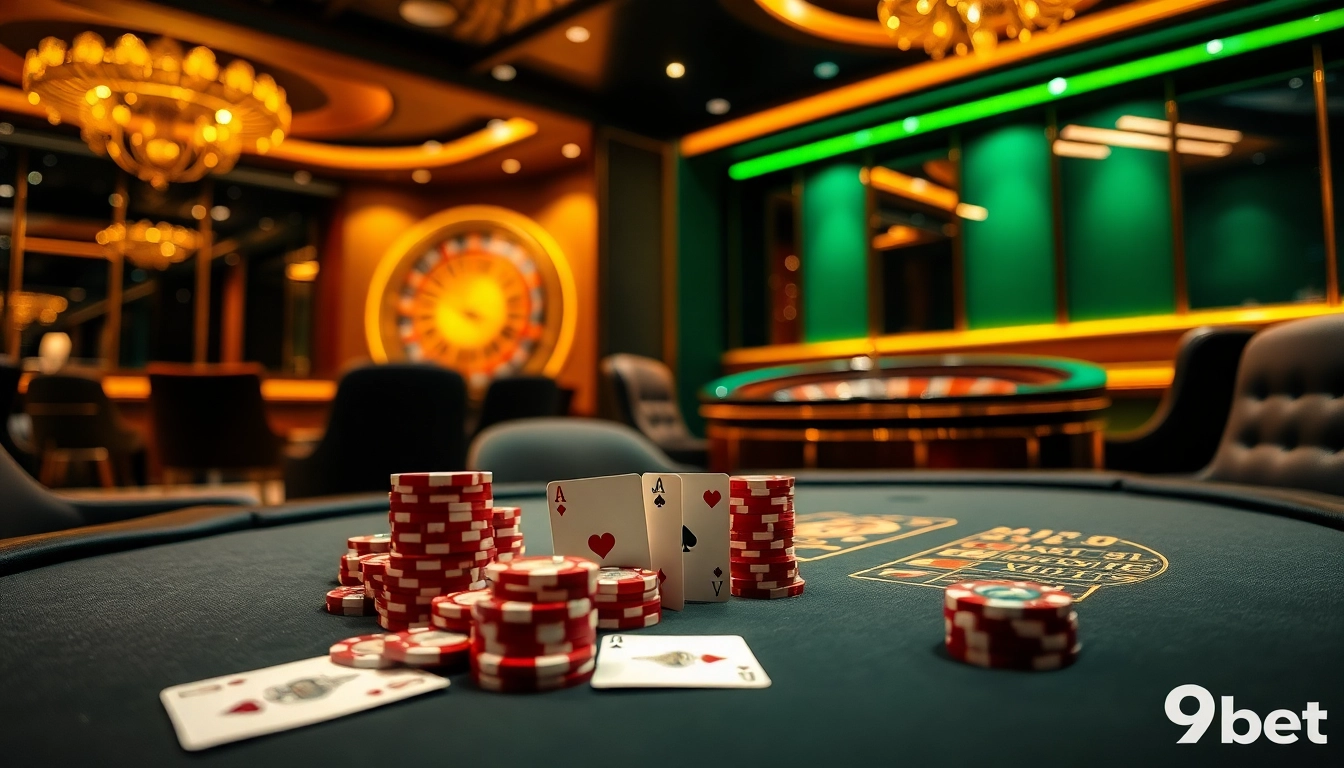 Intense gaming action at 9bet casino table with poker chips and stunning cards.