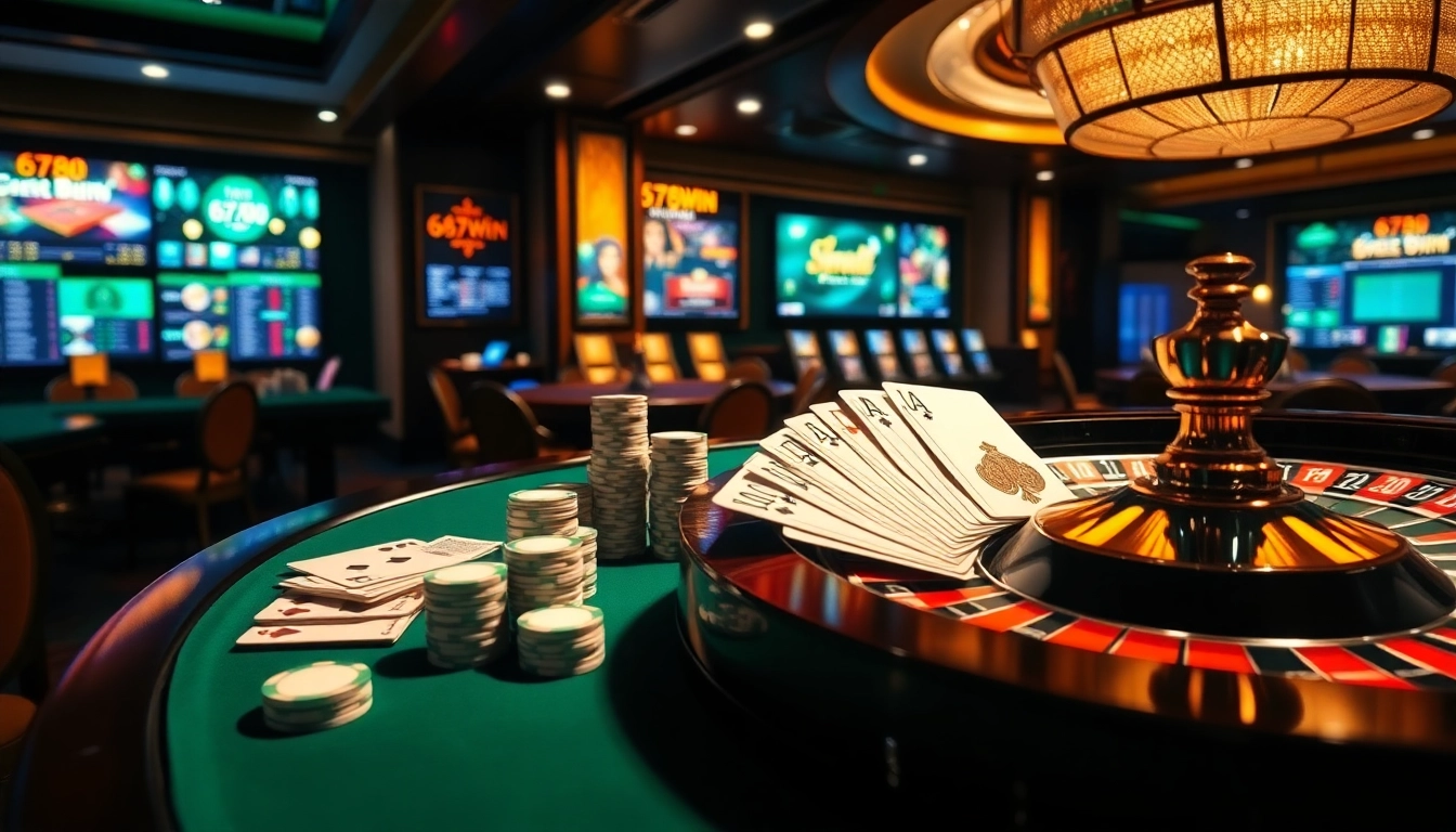 Experience the thrill of gambling with 678win at a luxury casino setting featuring poker and roulette.