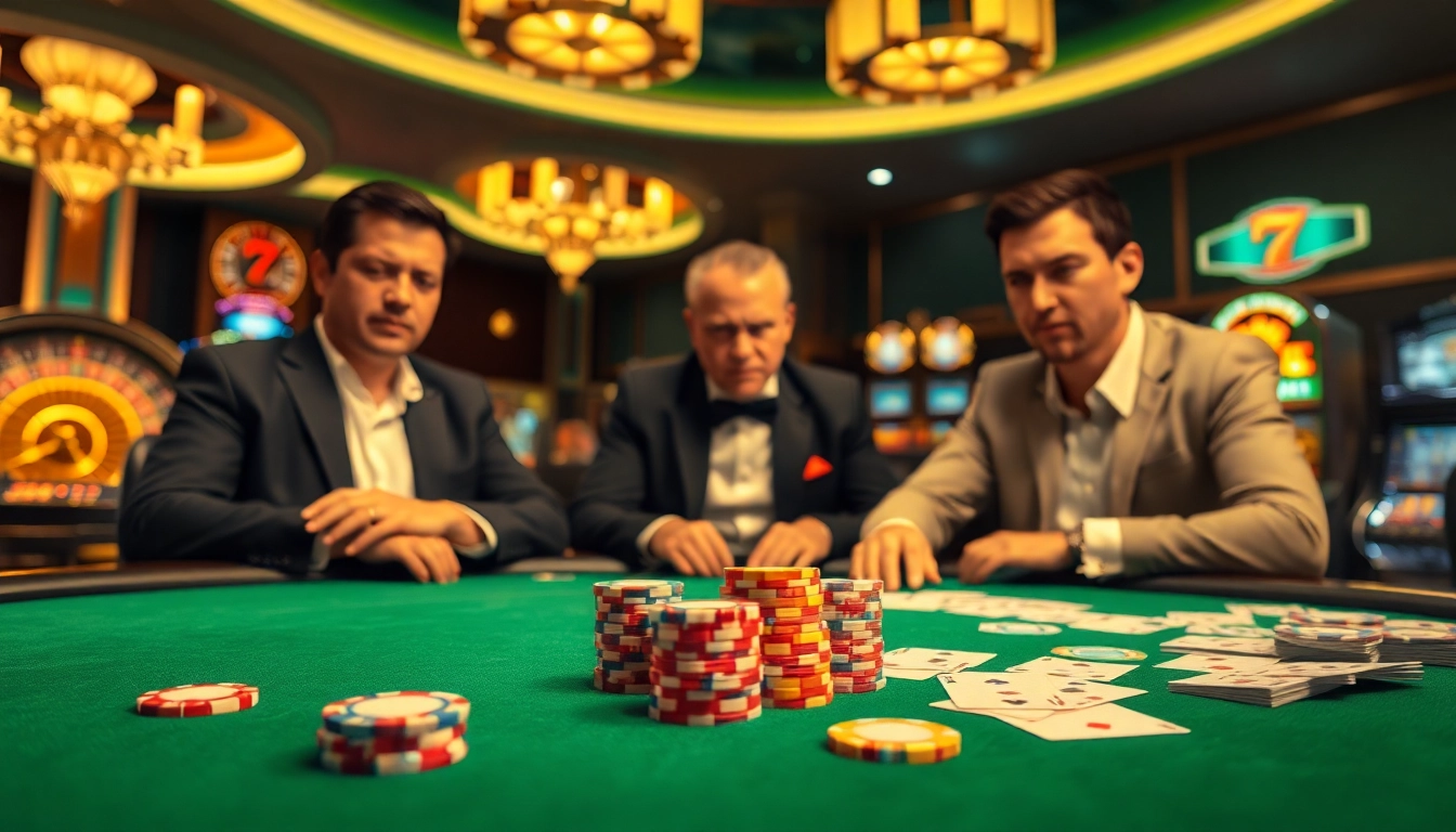 Engaged players at a high-stakes poker game, highlighting Nhà cái 79KING's vibrant casino atmosphere.
