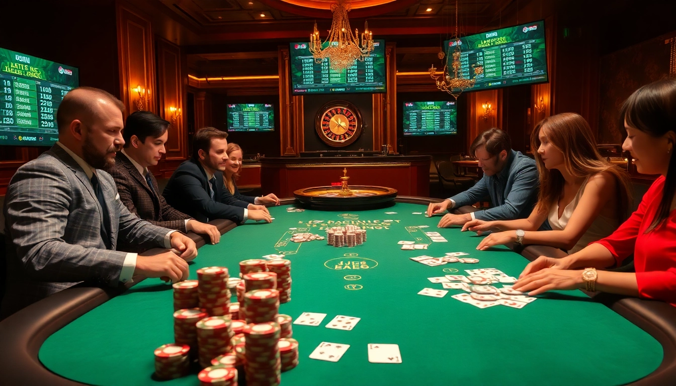 Players enjoying high-stakes poker at KJC Casino, featuring luxurious tables and exciting gambling action.