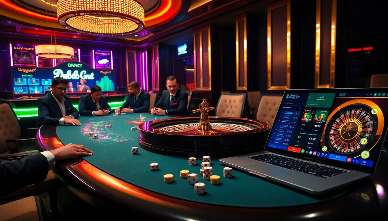 Engage in strategic gameplay at dn88 bet with a luxurious casino scene filled with poker tables and roulette wheels.