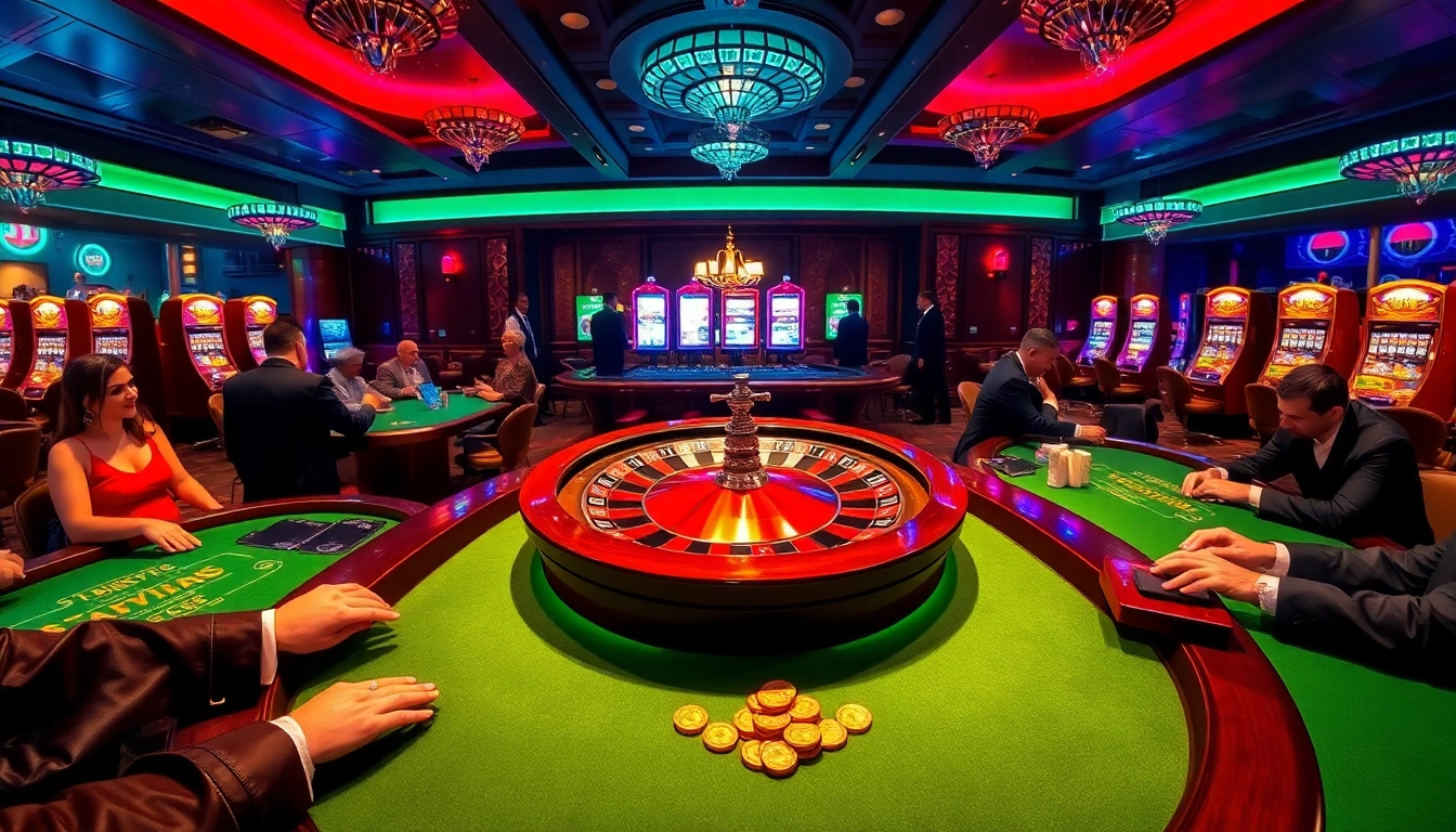 Experience the excitement of gambling at https://789f00.net/ with a stunning casino scene featuring roulette and poker games.