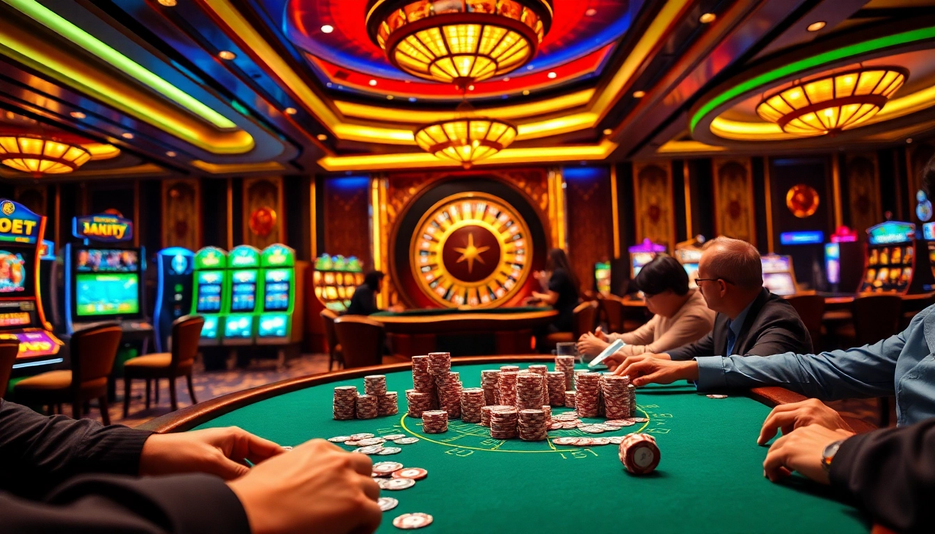 Experience excitement with dh88 bet as players strategize at poker tables in a luxurious casino.