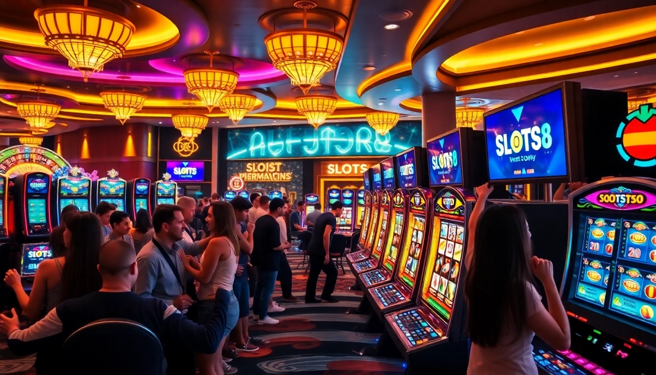 Players enjoying SLOTS8 slot machines in a vibrant casino atmosphere.