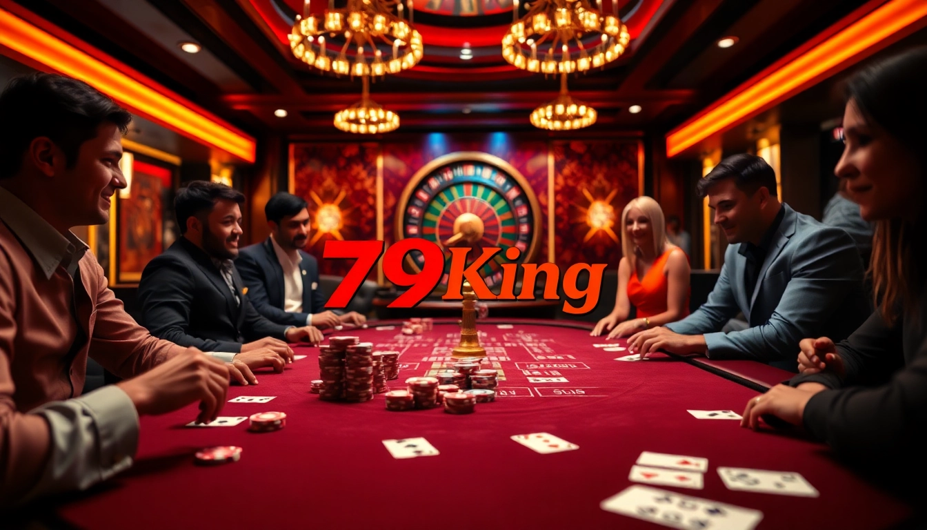 Engaging casino players at a luxurious 79King gaming table with chips and cards.