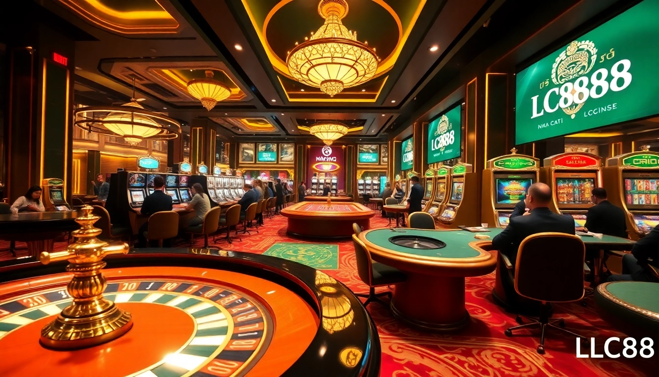 Players enjoying the thrilling atmosphere of Nhà Cái LC88's casino, with vibrant games and luxury design.
