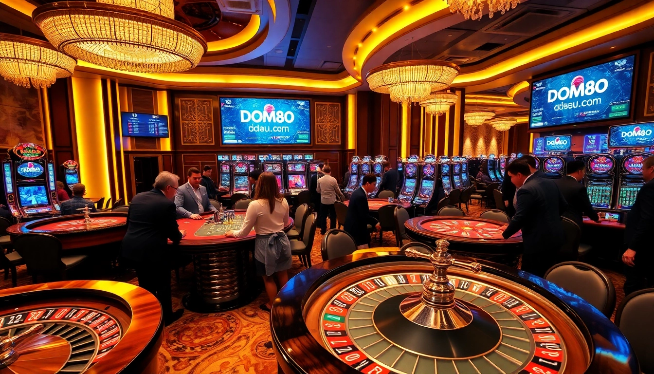 Join the excitement at dom88.us.com with vibrant casino visuals featuring roulette and poker games.