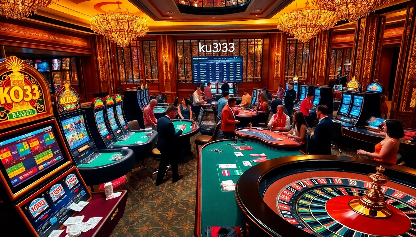 Gamblers enjoying high-stakes excitement at ku3933 casino tables with vibrant slot machines.
