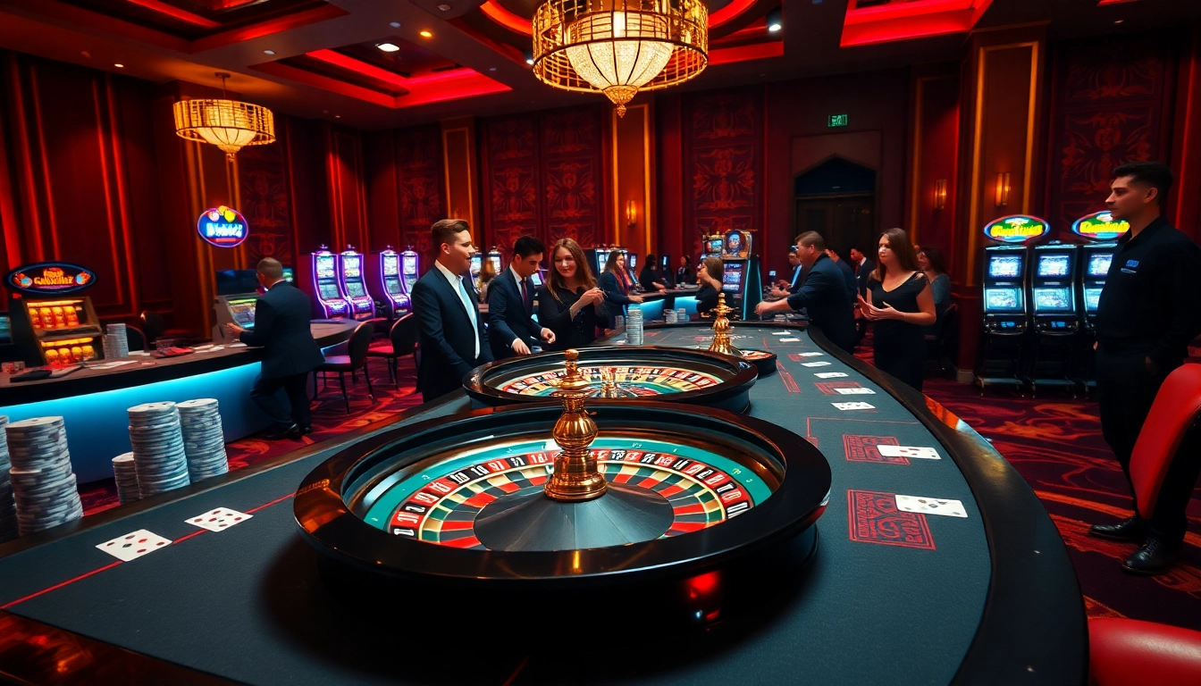 Luck8 casino scene with roulette wheel, poker chips, and engaging dealers, showcasing excitement.