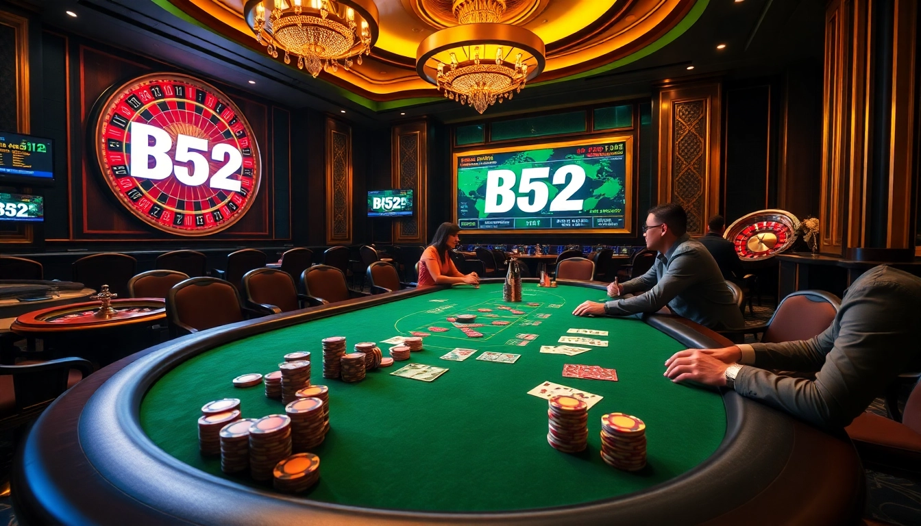 B52 poker players strategizing at an upscale casino table with vibrant chips and cards.