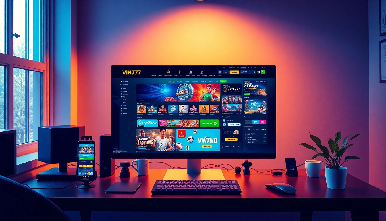 Online betting interface of vin777.gb.net featuring casino games and promotions in a vibrant gaming setup.