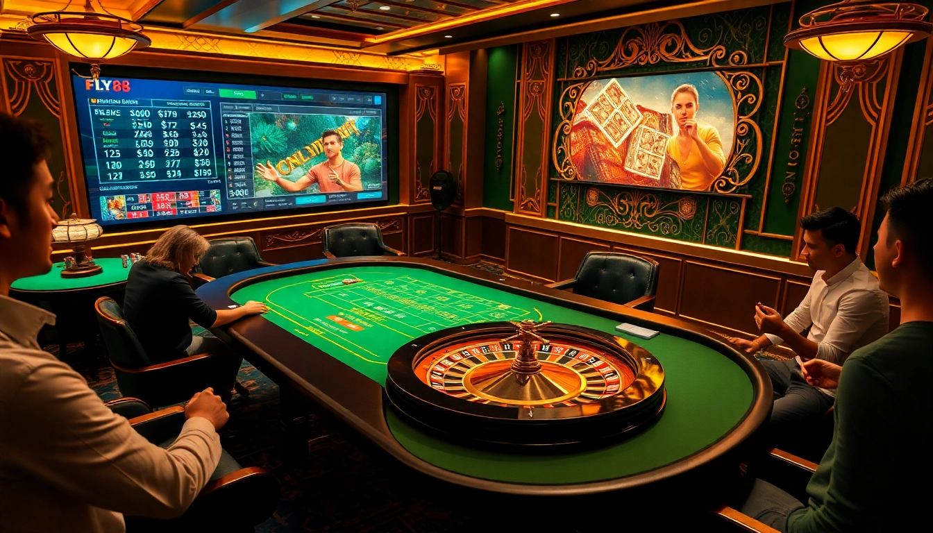 Engaging gameplay at nhà cái uy tín FLY88 casino featuring poker chips and a vibrant roulette wheel.