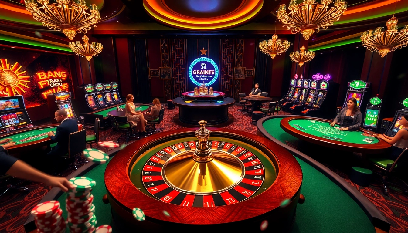 Engaging casino scene showcasing Trang chủ 789F with players at poker tables and a glowing roulette wheel.