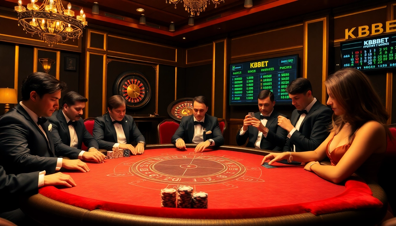 KBBET poker scene with glamorous players at an elegant casino table, showcasing chips and a roulette wheel.