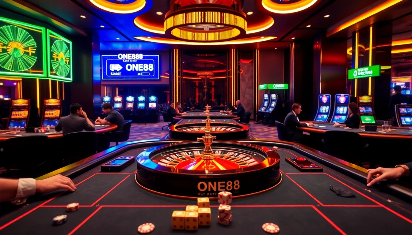Experience thrilling gambling action at https://one88.bid/ with luxurious casino tables and vibrant lights.