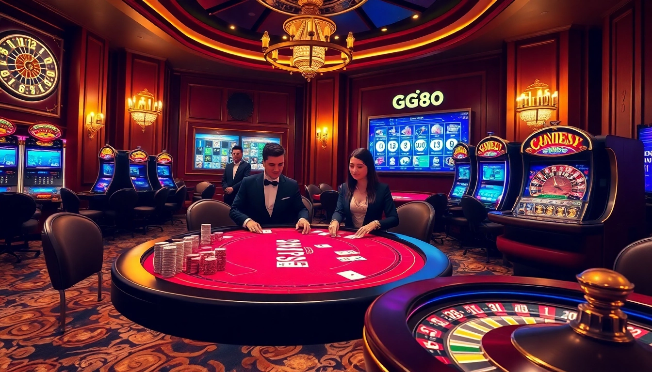 Experience the excitement of gaming at GG88's vibrant casino floor with elegant tables and thrilling action.