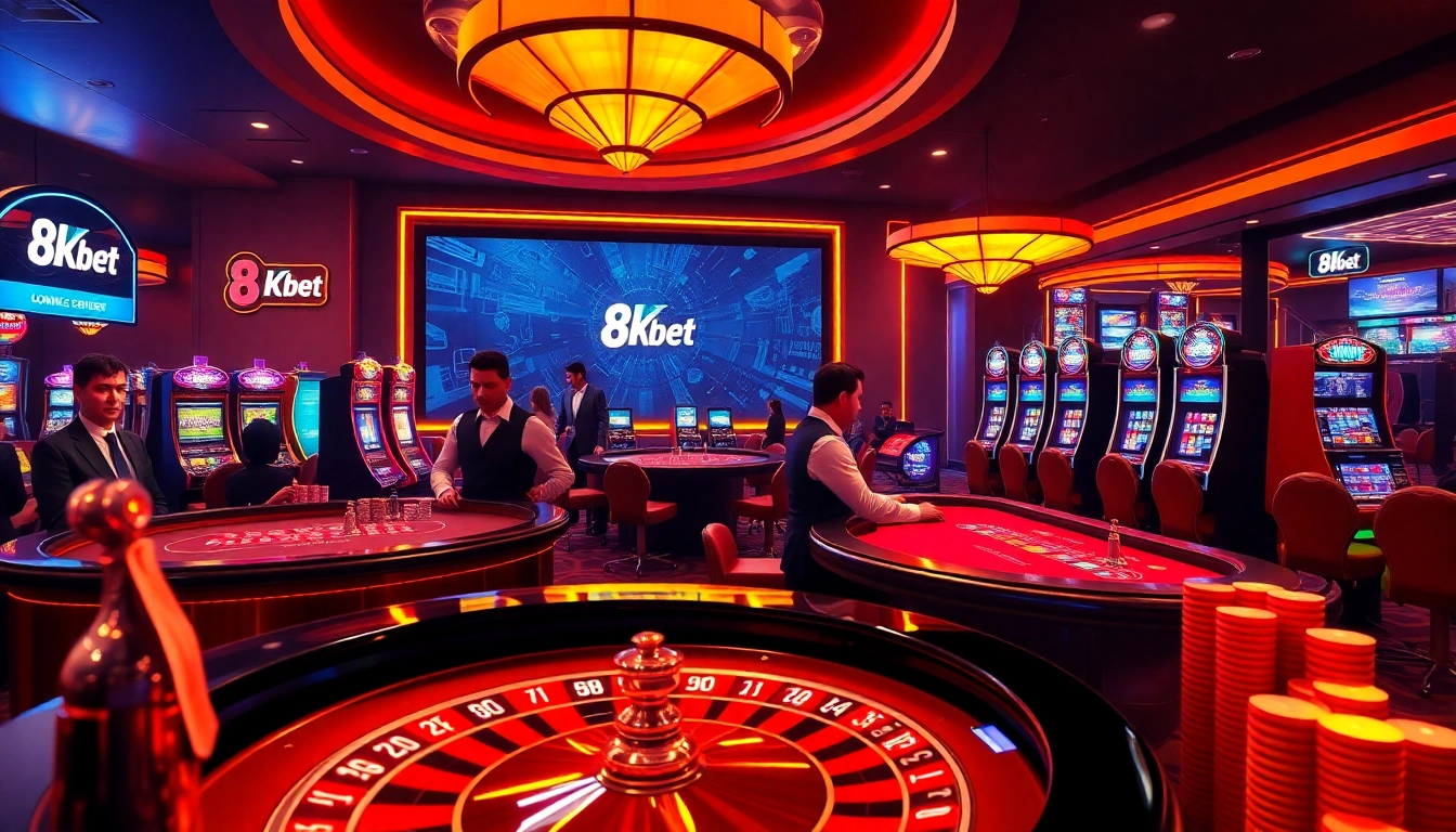Experience the thrill of roulette and slot games at 8kbet's vibrant casino atmosphere.