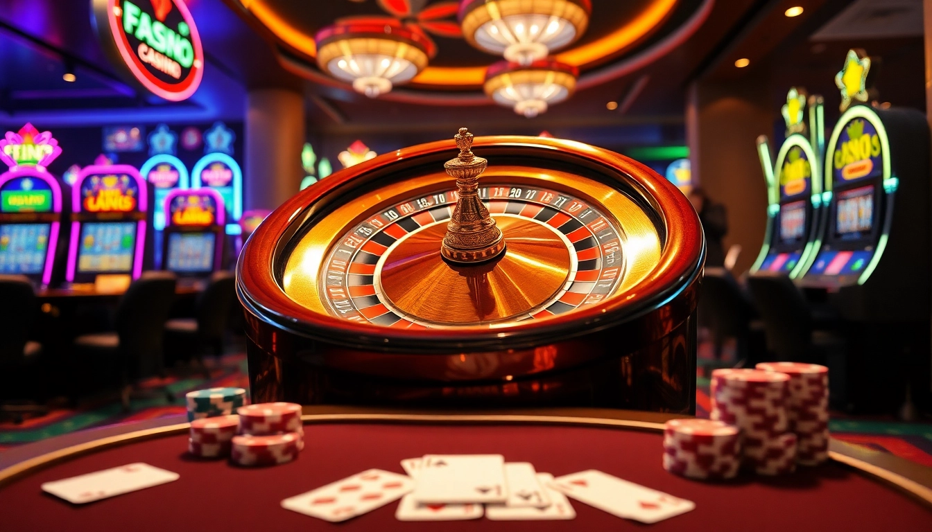 Engaging scene featuring F168 casino elements like roulette wheels and poker chips.