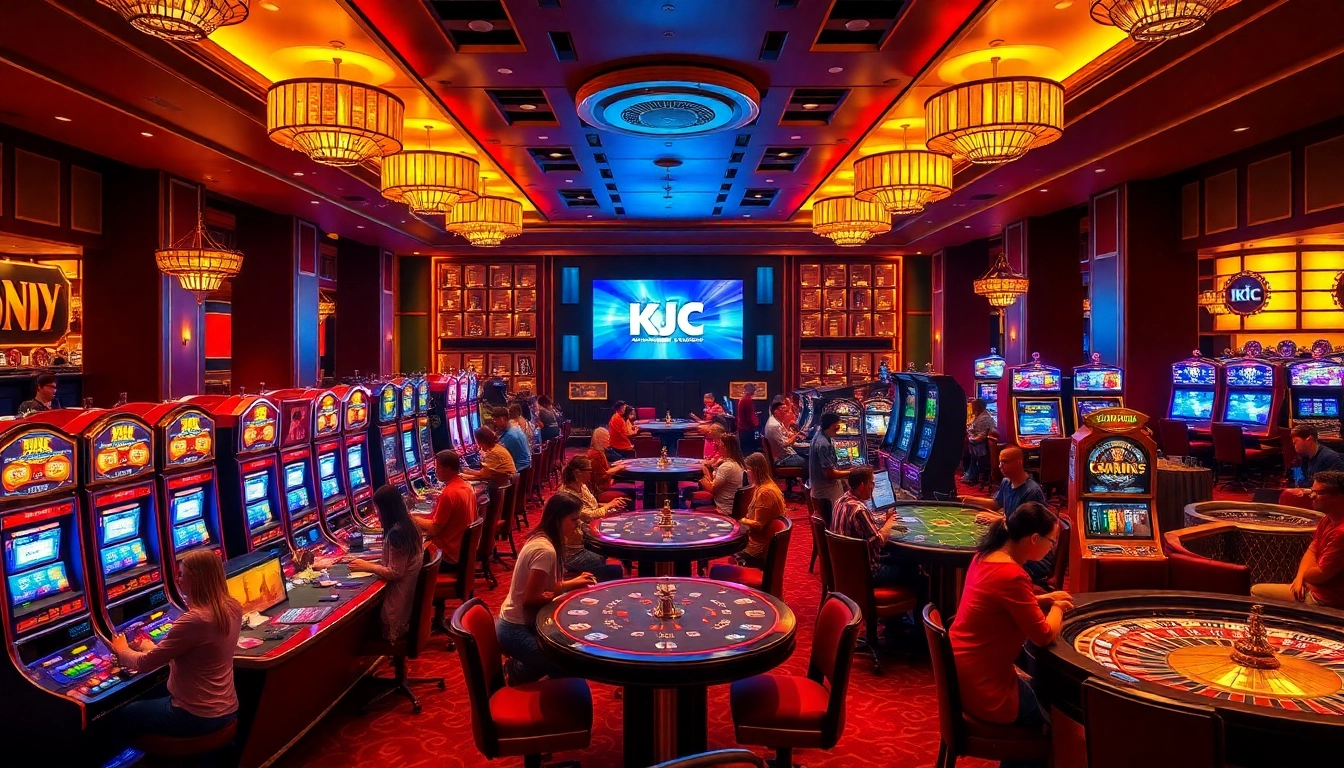 A lively casino scene featuring gamblers enjoying games at KJC-branded tables and slot machines.