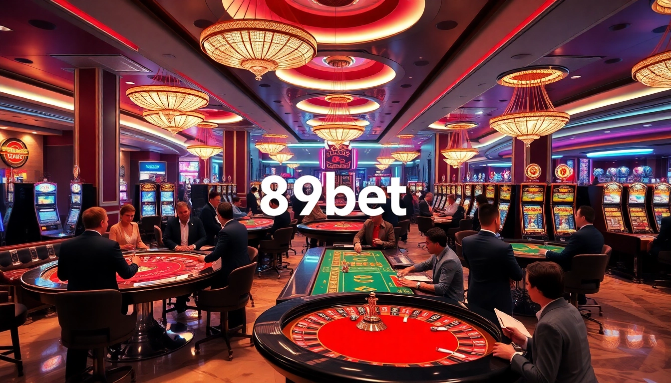 Gambling enthusiasts enjoying a vibrant 89bet casino atmosphere with roulette and poker tables.