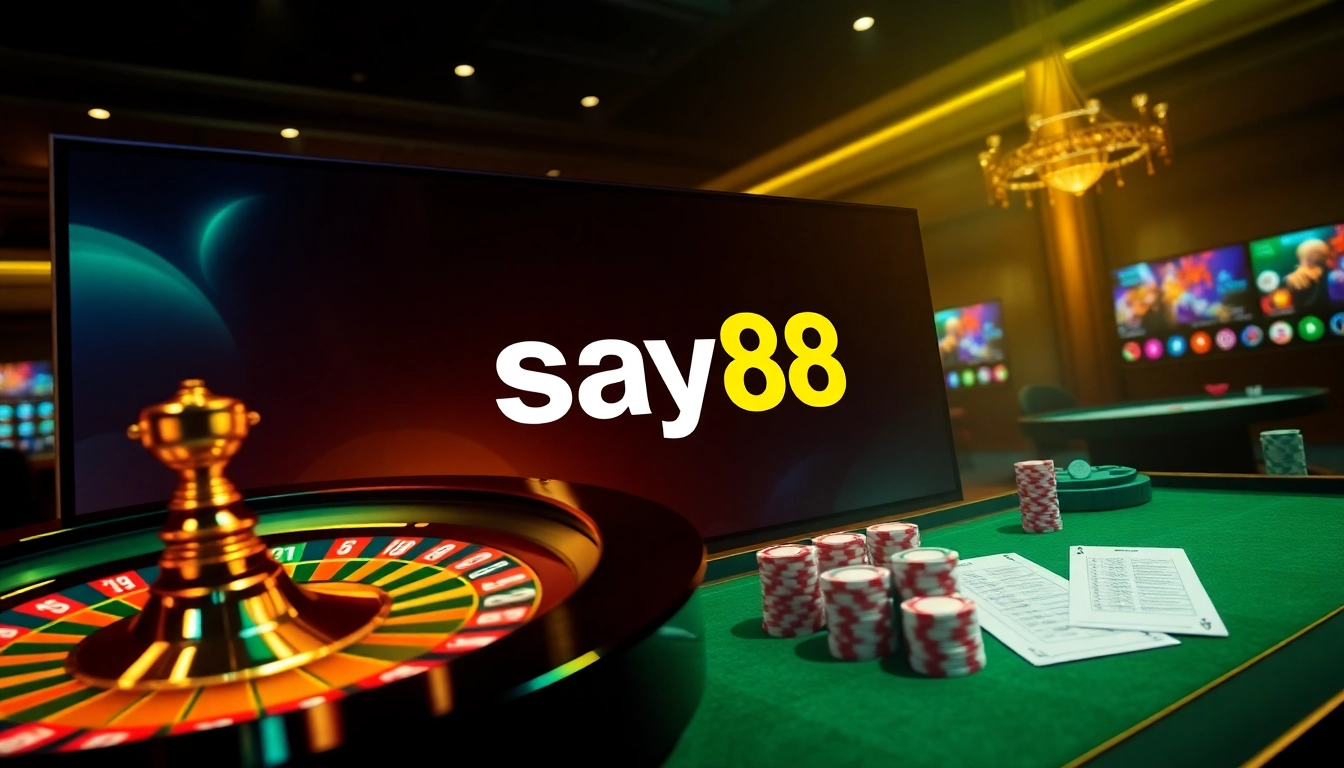 Experience the thrill of gaming with say88's stunning online casino setup featuring roulette and poker elements.