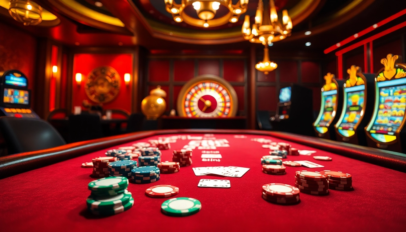 Exciting poker game at a casino table inspired by https://bl555.design/, featuring vibrant chips and cards.