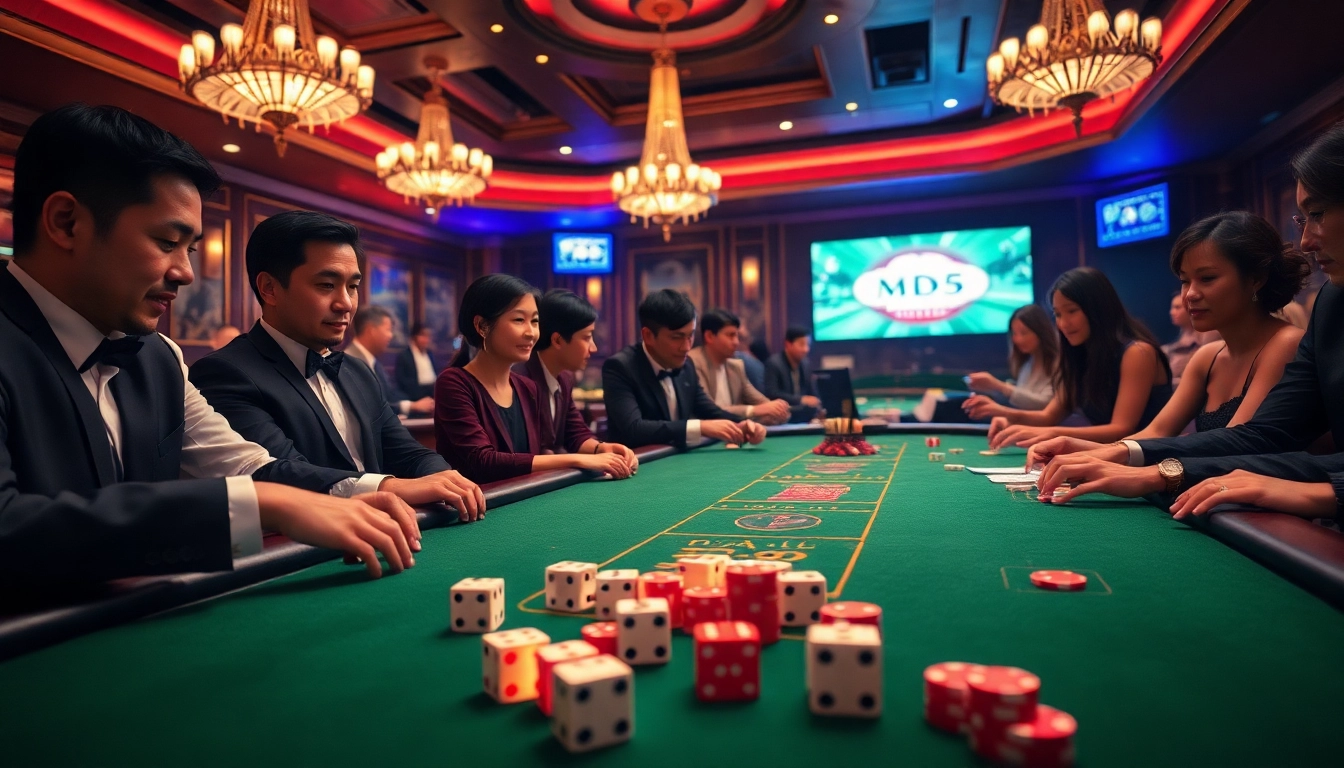 Players engaging in Tài Xỉu MD5 at a luxurious casino table, showcasing the thrill of betting.