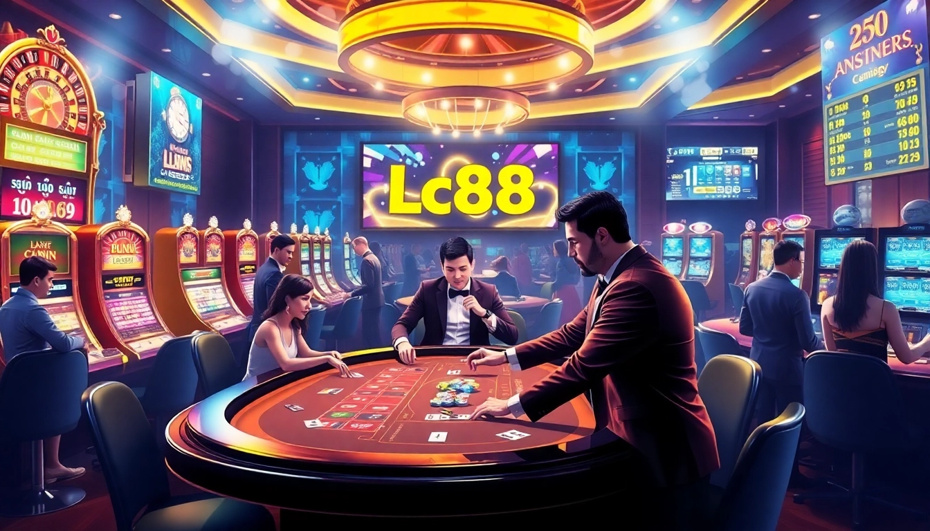 Experience thrilling gameplay at Lc88.com with vibrant casino scenes featuring tables and slot machines.