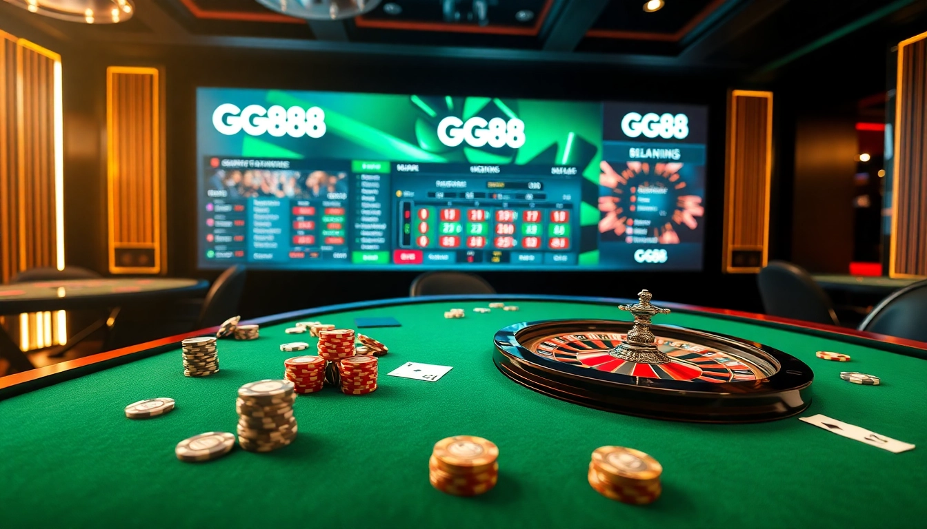 Experience the excitement at GG88 with a luxurious casino gaming scene featuring poker chips and roulette.