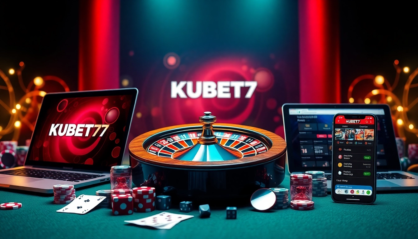 KUBET77 online casino scene featuring a roulette wheel, cards, and vibrant betting options.
