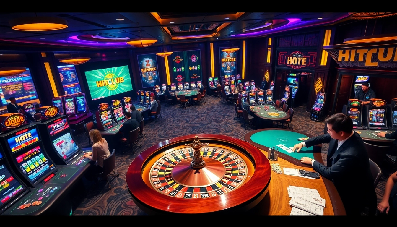 HITCLUB showcases an exciting casino scene with players at poker tables and vibrant slot machines.