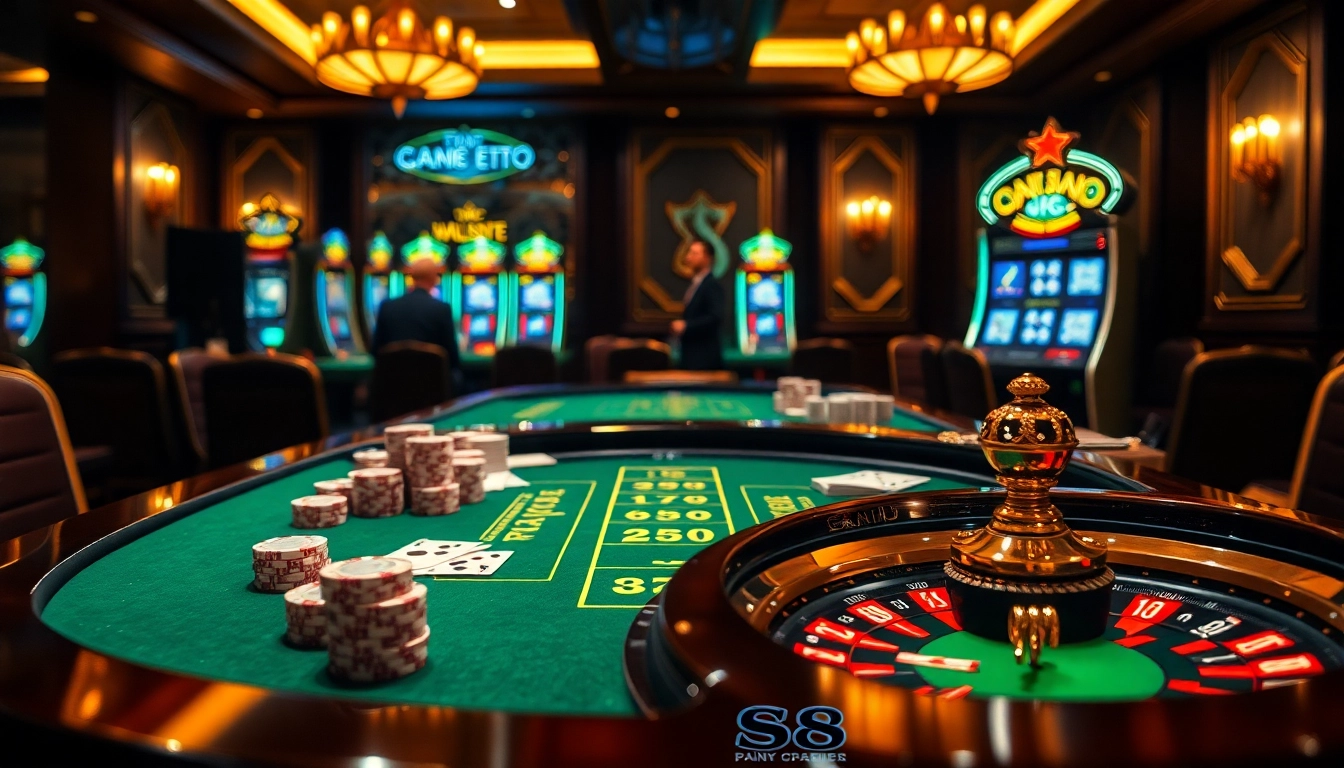S8 gaming experience at a luxurious casino table with vibrant casino elements.