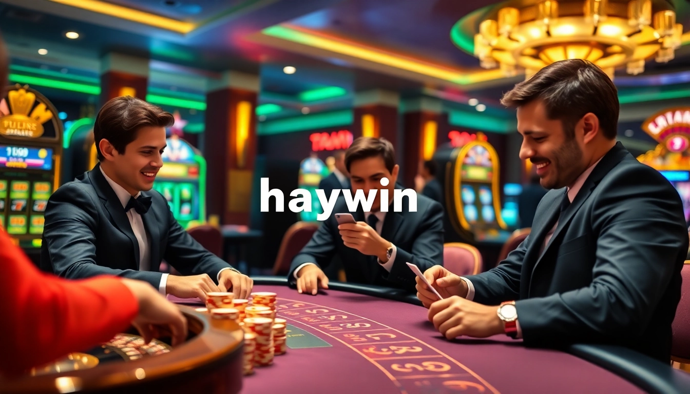 Players strategizing at the poker table in a luxurious casino setting, featuring haywin branding.