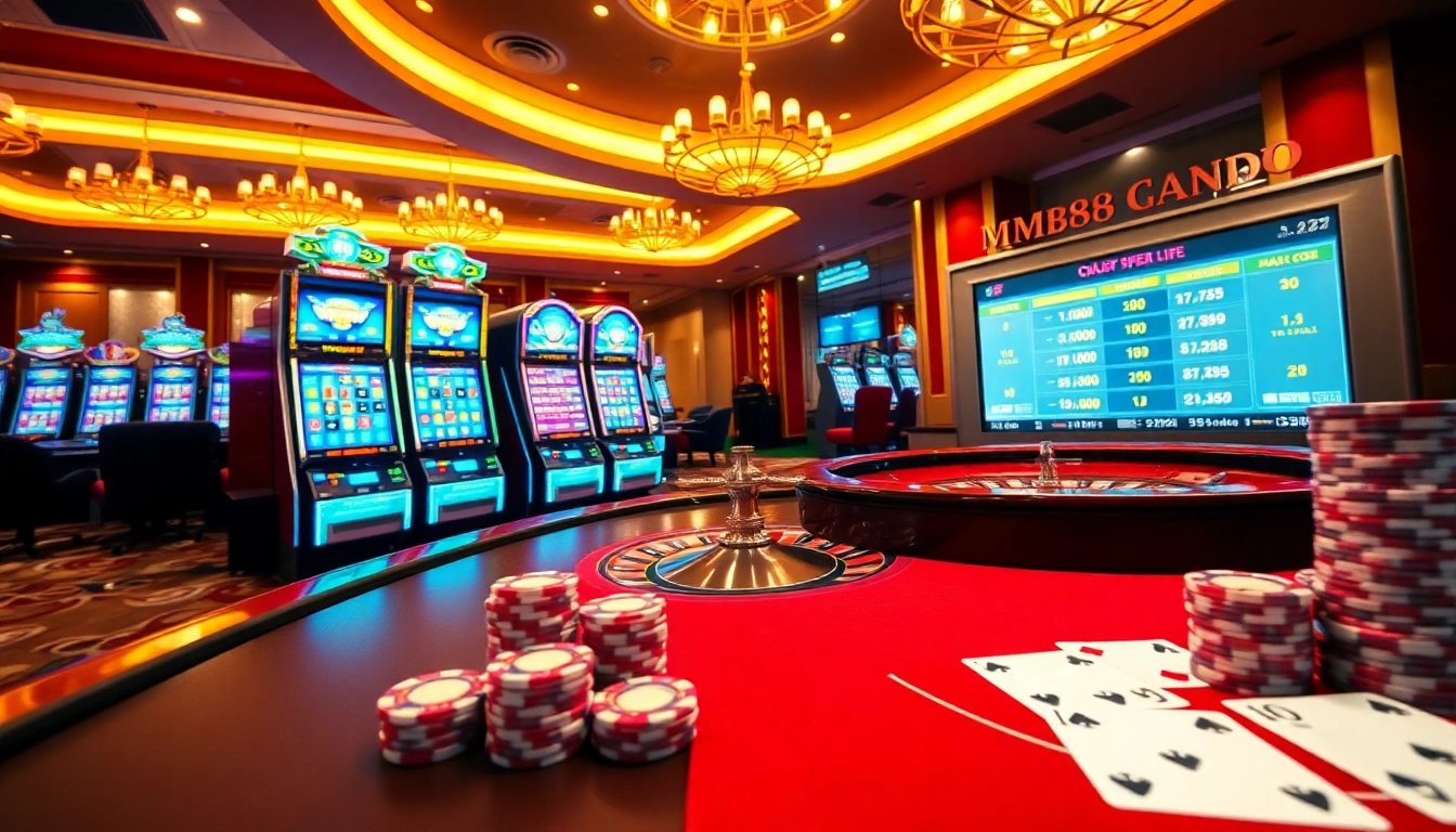 MM88's vibrant online casino scene with roulette, cards, and poker chips.
